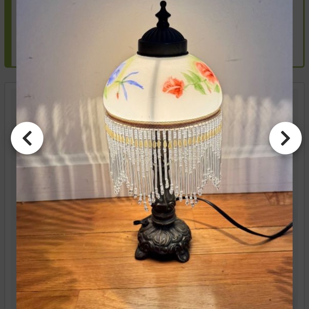 Victorian Hand Painted Floral Glass Boudoir Lamp with Beaded Fringe